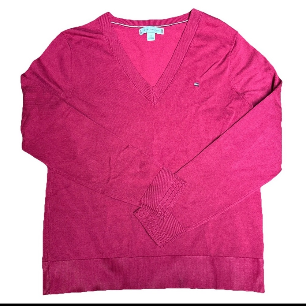 Tommy Hilfiger Women's Fuchsia Pink Deep V Neck Ribbed Sweater Top Size Medium